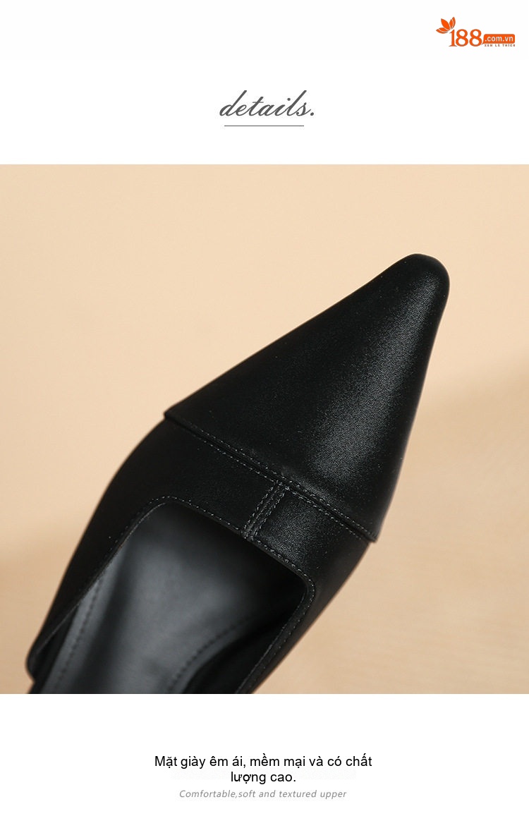 Giày Búp Bê Nữ Mũi Nhọn Hở Gót Chiều Cao Đế Khoảng 2cm Phong Cách Tiểu Thư Màu Đen, Trắng, Kem chi tiết 5
