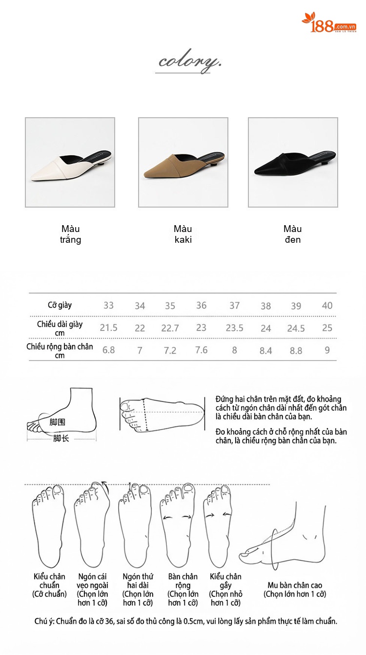 Giày Búp Bê Nữ Mũi Nhọn Hở Gót Chiều Cao Đế Khoảng 2cm Phong Cách Tiểu Thư Màu Đen, Trắng, Kem chi tiết 4