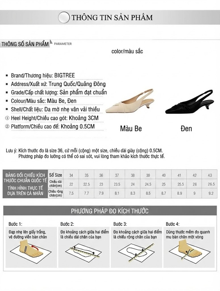 Giày Búp Bê Nữ Mũi Nhọn Quai Hậu Gót Nhọn Chiều Cao Đế Khoảng 3cm Màu Kem, Đen chi tiết 1