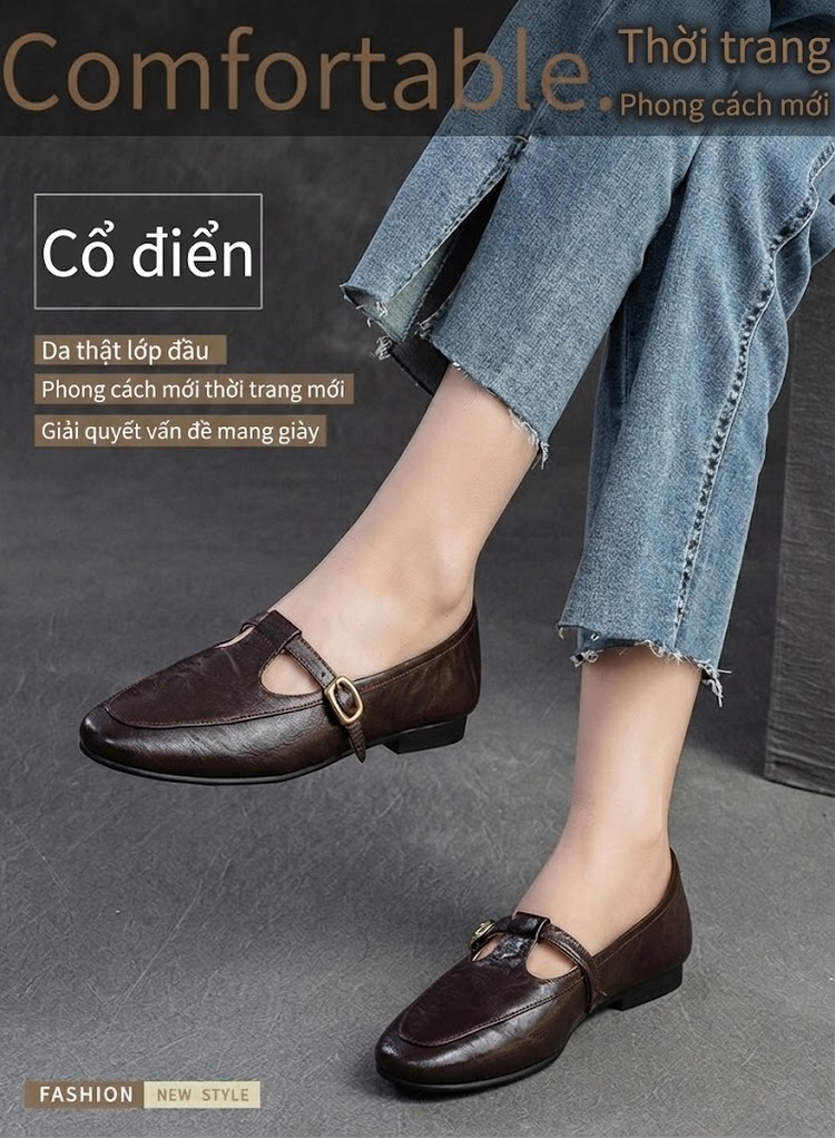 Giày Búp Bê Nữ Mũi Nhọn Quai Ngang Chiều Cao Đế Khoảng 1cm Phong Cách Retro Màu Đen, Nâu chi tiết 1