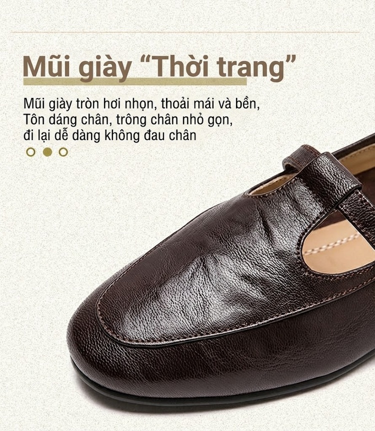 Giày Búp Bê Nữ Mũi Nhọn Quai Ngang Chiều Cao Đế Khoảng 1cm Phong Cách Retro Màu Đen, Nâu chi tiết 3