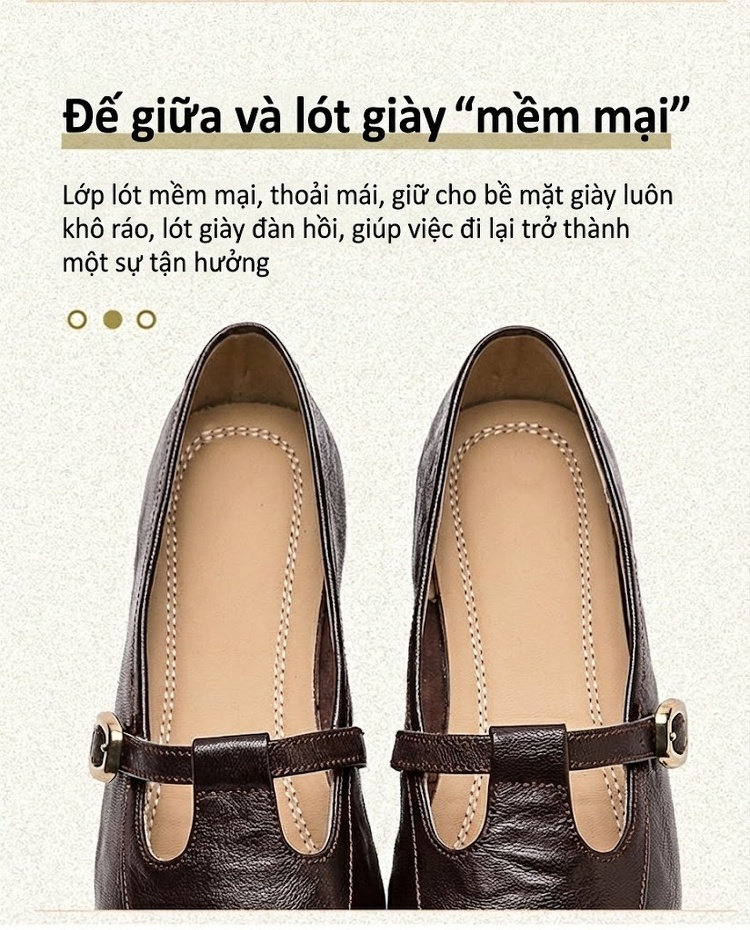 Giày Búp Bê Nữ Mũi Nhọn Quai Ngang Chiều Cao Đế Khoảng 1cm Phong Cách Retro Màu Đen, Nâu chi tiết 5
