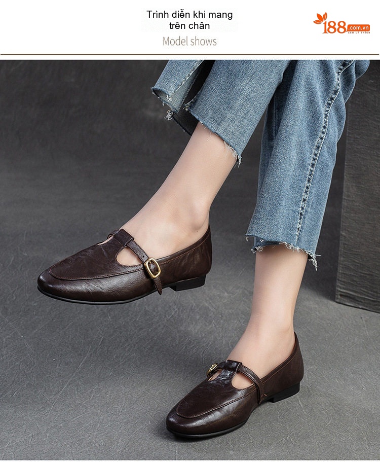 Giày Búp Bê Nữ Mũi Nhọn Quai Ngang Chiều Cao Đế Khoảng 1cm Phong Cách Retro Màu Đen, Nâu chi tiết 6