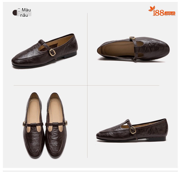 Giày Búp Bê Nữ Mũi Nhọn Quai Ngang Chiều Cao Đế Khoảng 1cm Phong Cách Retro Màu Đen, Nâu chi tiết 16