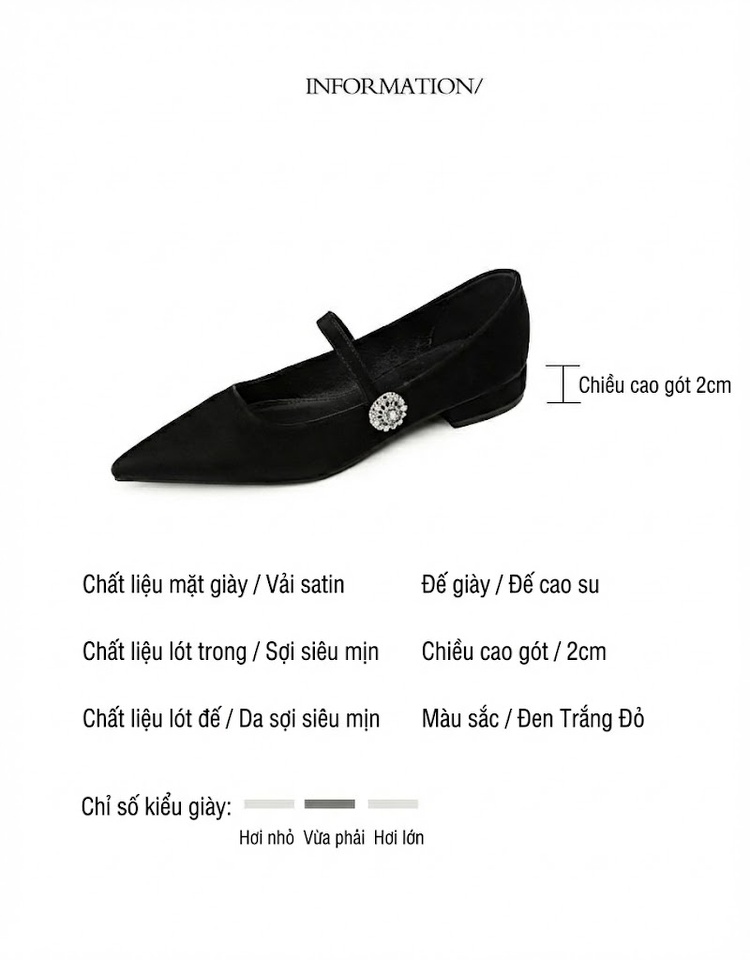 Giày Búp Bê Nữ Mũi Nhọn Quai Ngang Đính Đá Chiều Cao Đế Khoảng 1cm Màu Đen, Kem, Đỏ Rượu chi tiết 2