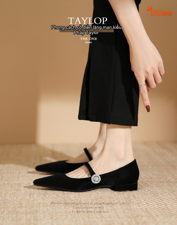 Giày Búp Bê Nữ Mũi Nhọn Quai Ngang Đính Đá Chiều Cao Đế Khoảng 1cm Màu Đen, Kem, Đỏ Rượu chi tiết 3