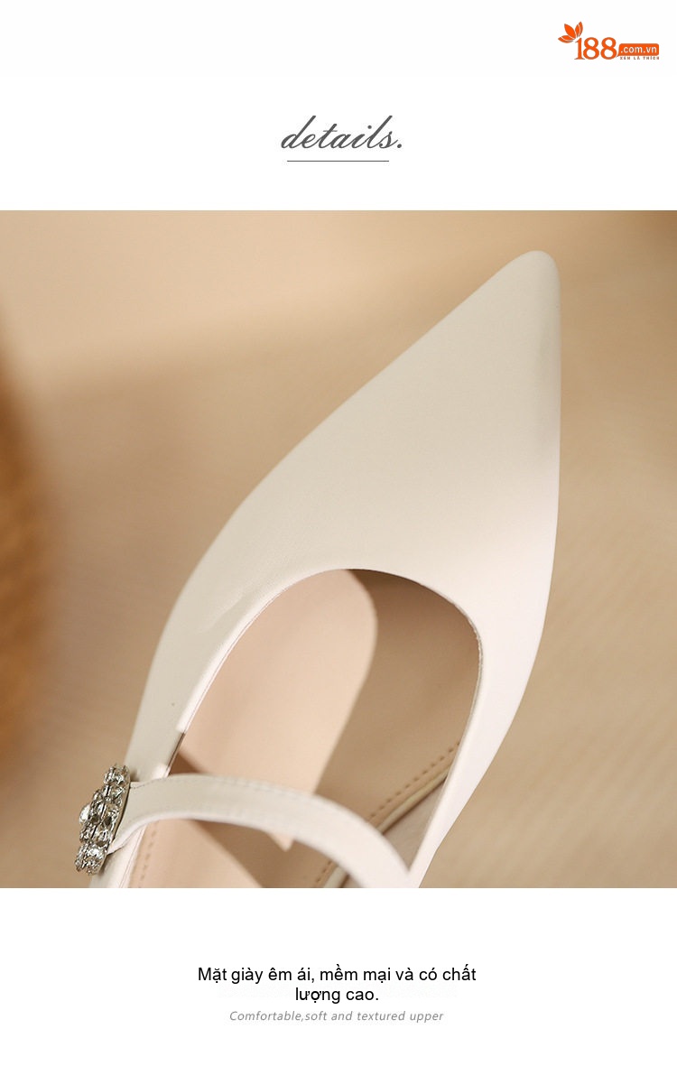 Giày Búp Bê Nữ Mũi Nhọn Quai Ngang Đính Đá Chiều Cao Đế Khoảng 1cm Màu Đen, Kem, Đỏ Rượu chi tiết 5