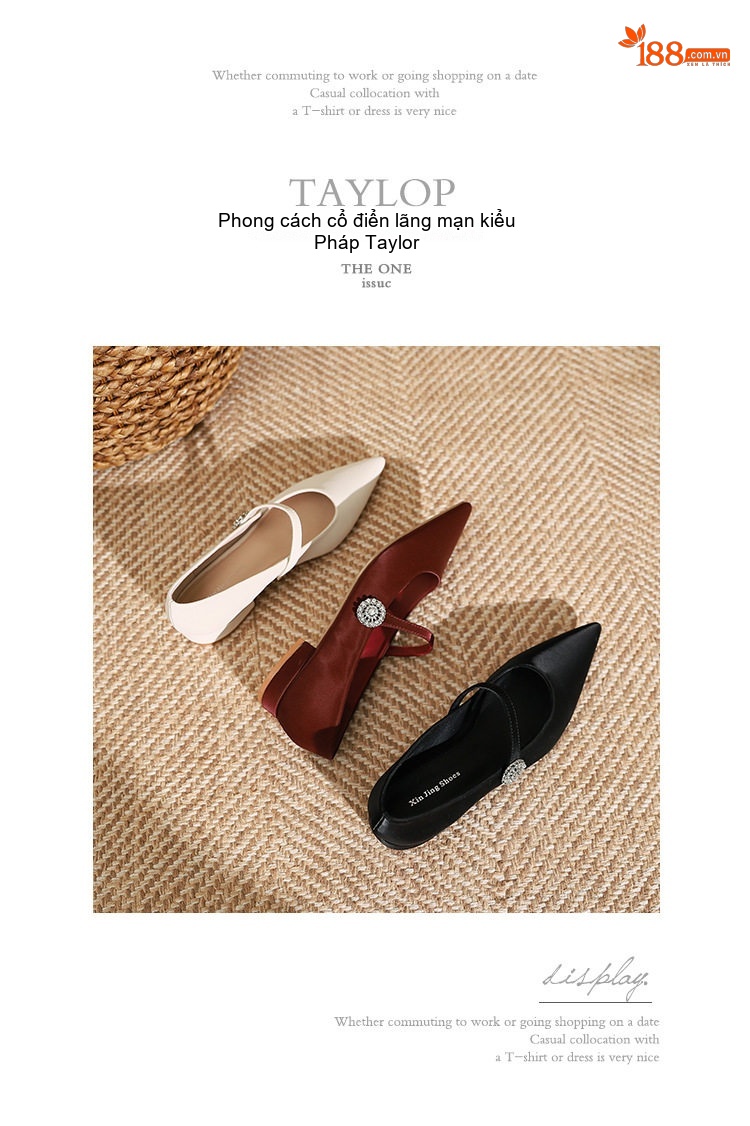 Giày Búp Bê Nữ Mũi Nhọn Quai Ngang Đính Đá Chiều Cao Đế Khoảng 1cm Màu Đen, Kem, Đỏ Rượu chi tiết 25