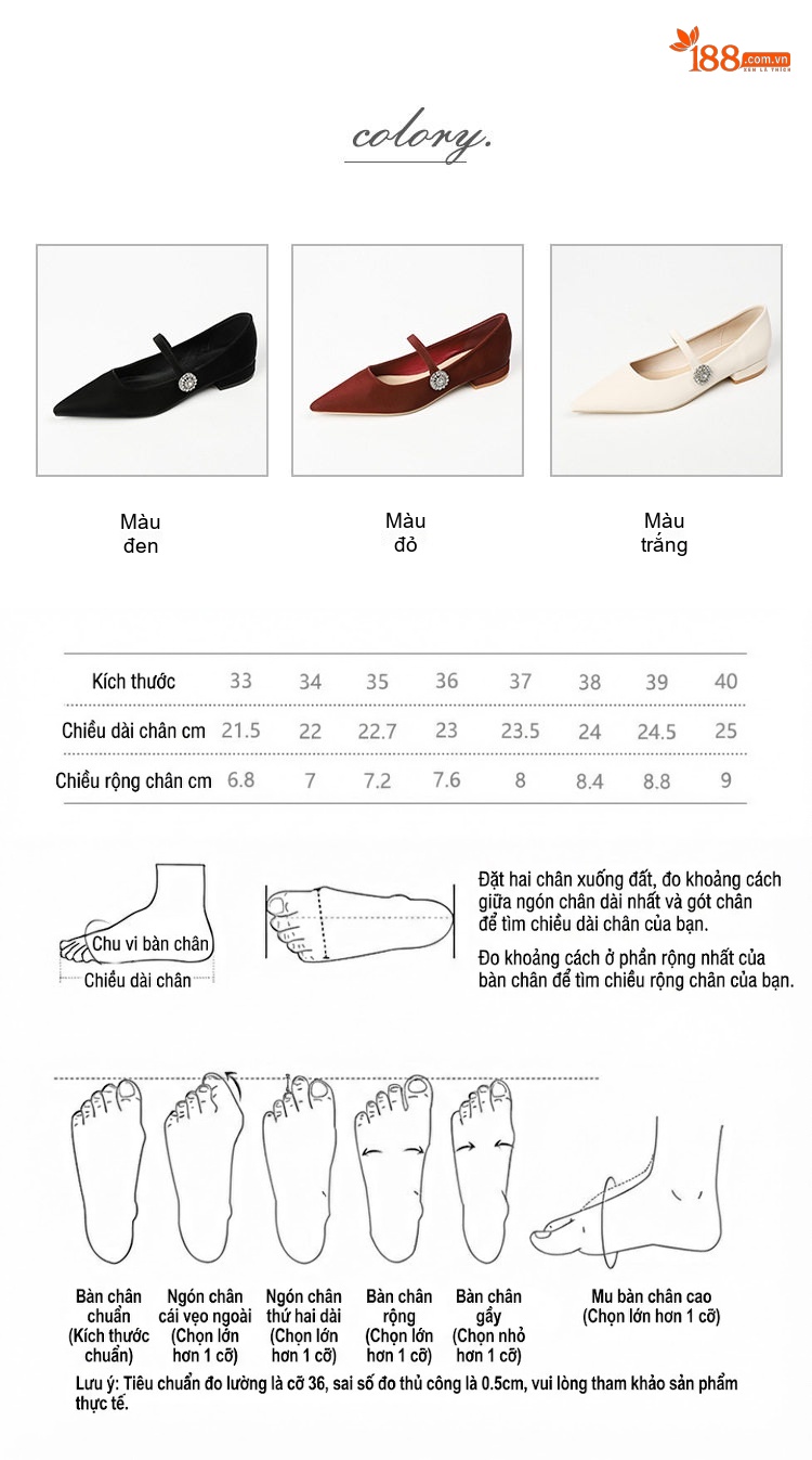 Giày Búp Bê Nữ Mũi Nhọn Quai Ngang Đính Đá Chiều Cao Đế Khoảng 1cm Màu Đen, Kem, Đỏ Rượu chi tiết 4