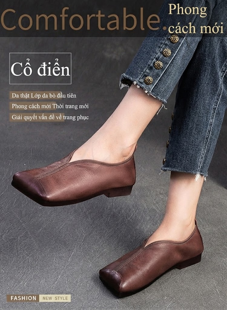 Giày Búp Bê Nữ Mũi Vuông Da Mềm Chiều Cao Đế Khoảng 1cm Phong Cách Retro Màu Xám, Nâu chi tiết 1