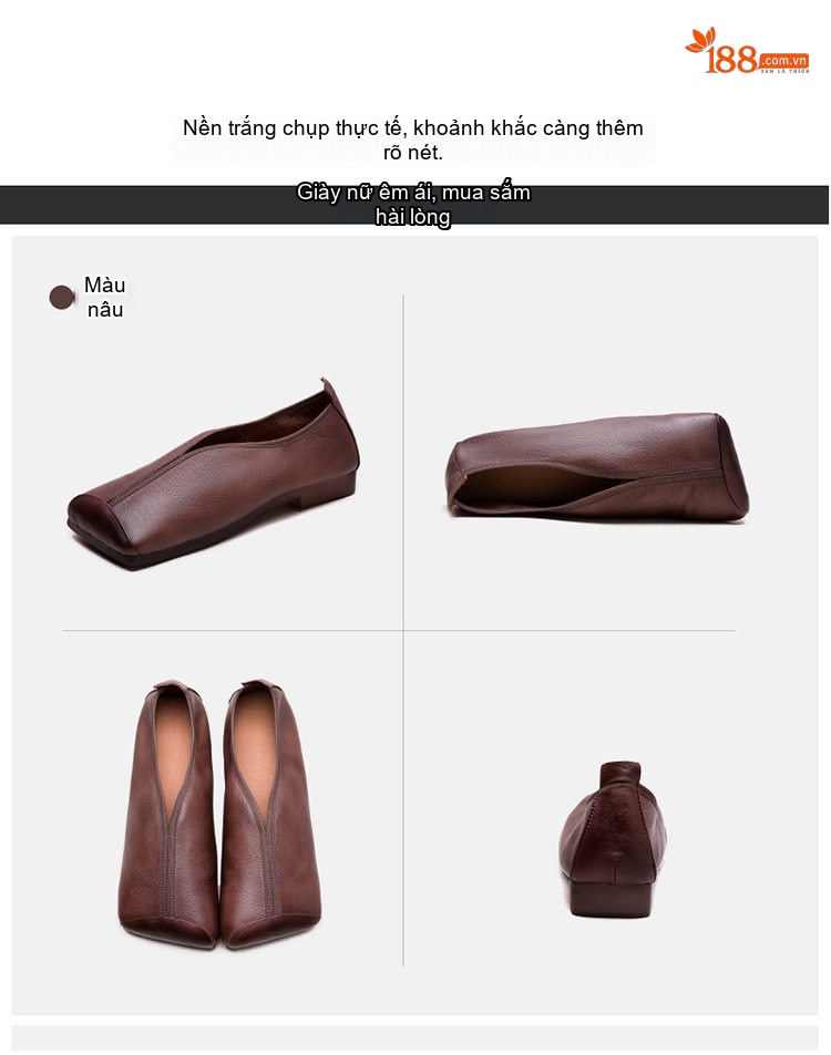 Giày Búp Bê Nữ Mũi Vuông Da Mềm Chiều Cao Đế Khoảng 1cm Phong Cách Retro Màu Xám, Nâu chi tiết 15