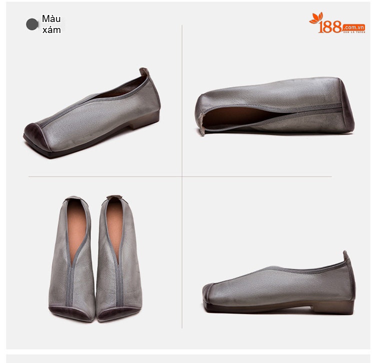 Giày Búp Bê Nữ Mũi Vuông Da Mềm Chiều Cao Đế Khoảng 1cm Phong Cách Retro Màu Xám, Nâu chi tiết 16