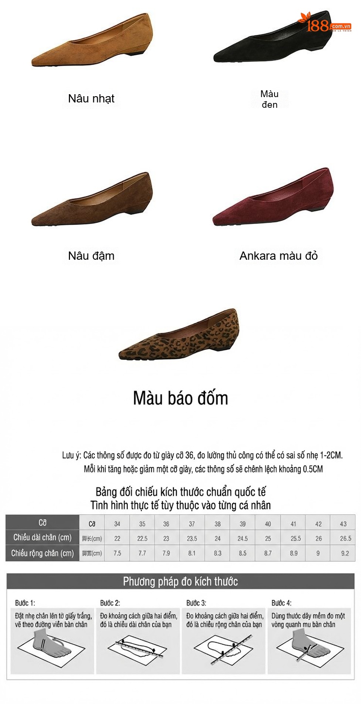 Giày Búp Bê Nữ Nỉ Mũi Nhọn Chiều Cao Đế Khoảng 2cm Họa Tiết Da Báo, Đen, Nâu, Đỏ... chi tiết 3