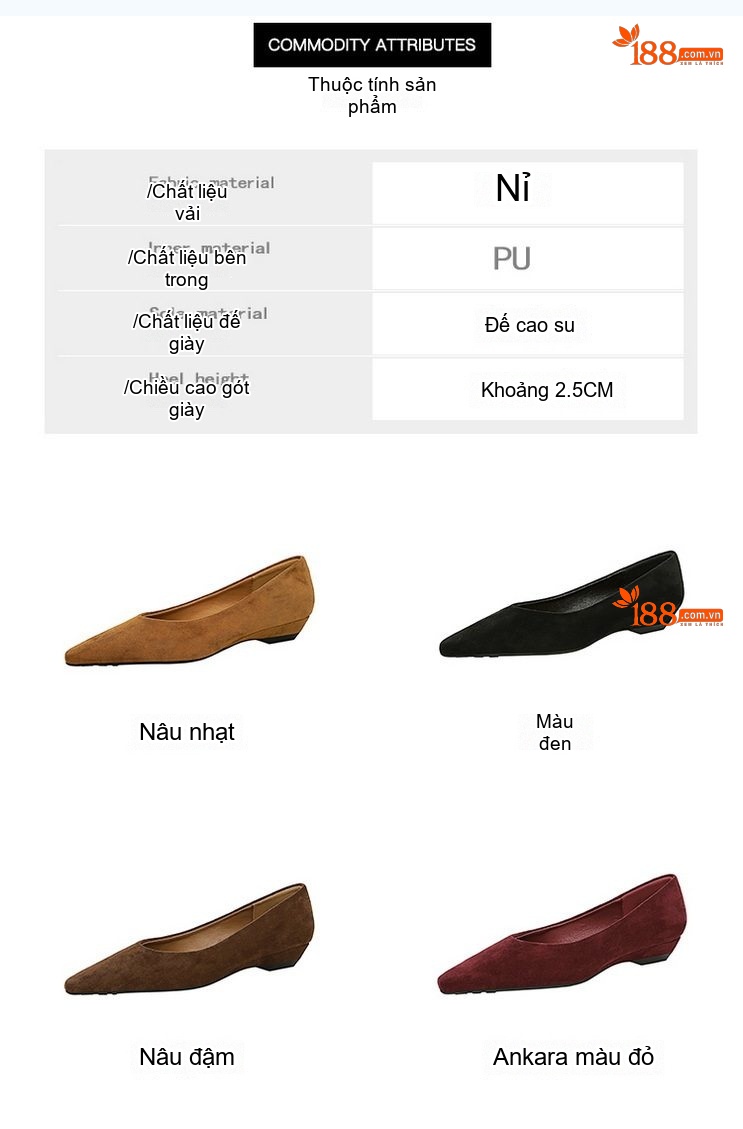 Giày Búp Bê Nữ Nỉ Mũi Nhọn Đế Xuồng Chiều Cao Đế Khoảng 3cm Màu Đen, Nâu, Đỏ Rượu Vang chi tiết 2