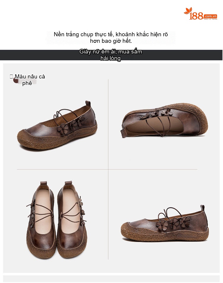 Giày Búp Bê Nữ Phong Cách Dân Tộc Trang Trí Hoa Chiều Cao Đế Khoảng 2cm Màu Nâu chi tiết 15