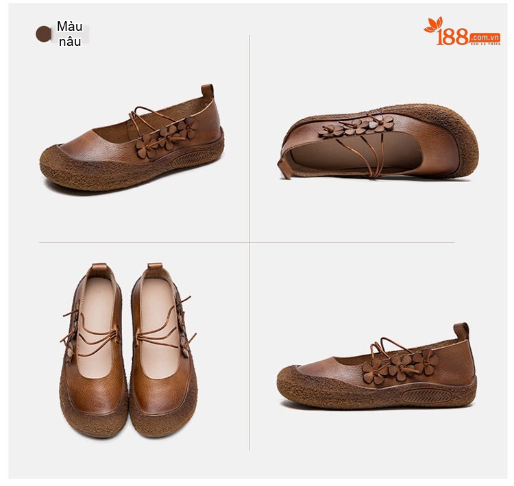 Giày Búp Bê Nữ Phong Cách Dân Tộc Trang Trí Hoa Chiều Cao Đế Khoảng 2cm Màu Nâu chi tiết 16