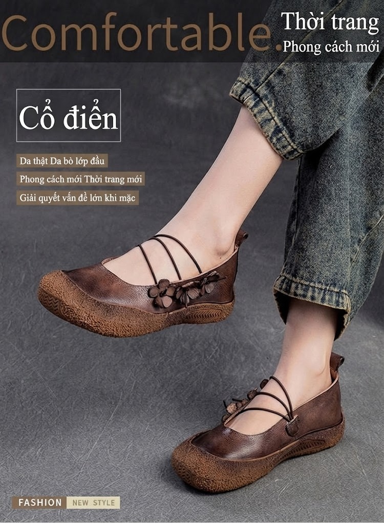 Giày Búp Bê Nữ Phong Cách Dân Tộc Trang Trí Hoa Chiều Cao Đế Khoảng 2cm Màu Nâu chi tiết 1