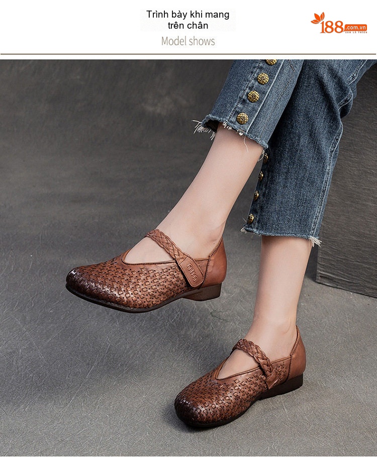 Giày Búp Bê Nữ Quai Dán Bệt Thoải Mái Phong Cách Retro Chiều Cao Đế Khoảng 2cm Màu Nâu, Xanh chi tiết 7