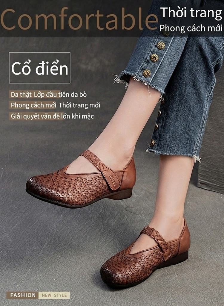 Giày Búp Bê Nữ Quai Dán Bệt Thoải Mái Phong Cách Retro Chiều Cao Đế Khoảng 2cm Màu Nâu, Xanh chi tiết 1