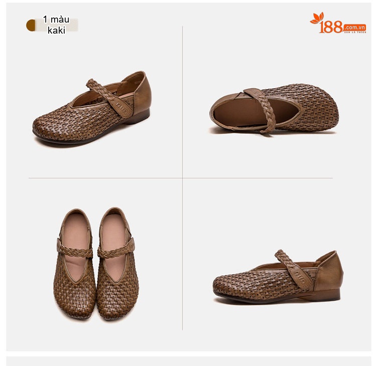 Giày Búp Bê Nữ Quai Dán Bệt Thoải Mái Phong Cách Retro Chiều Cao Đế Khoảng 2cm Màu Nâu, Xanh chi tiết 17