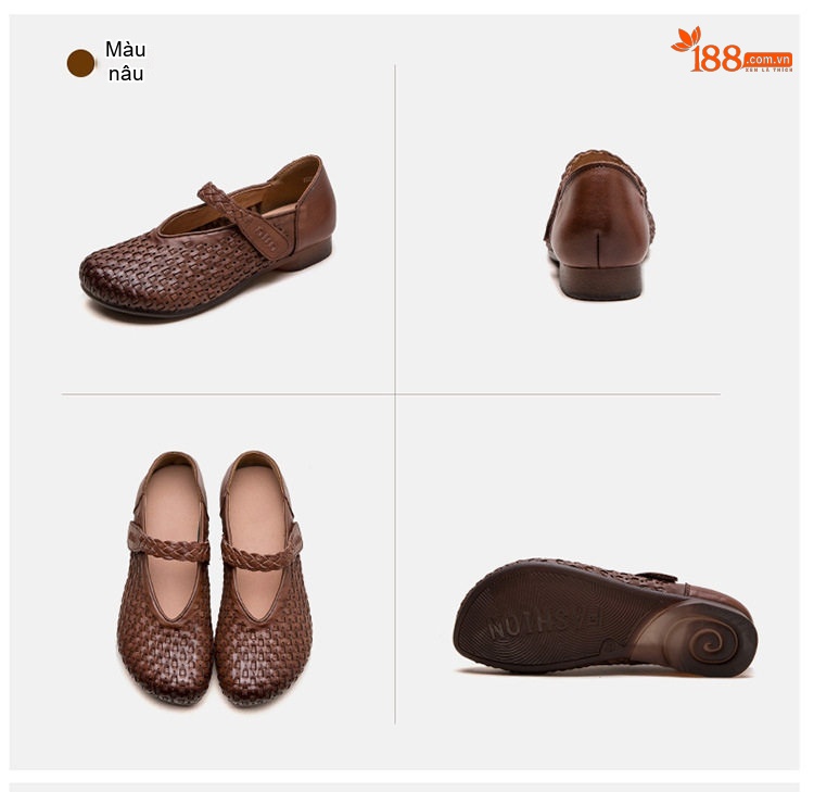 Giày Búp Bê Nữ Quai Dán Bệt Thoải Mái Phong Cách Retro Chiều Cao Đế Khoảng 2cm Màu Nâu, Xanh chi tiết 18