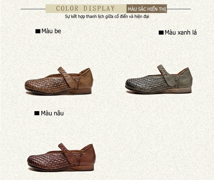 Giày Búp Bê Nữ Quai Dán Bệt Thoải Mái Phong Cách Retro Chiều Cao Đế Khoảng 2cm Màu Nâu, Xanh chi tiết 2