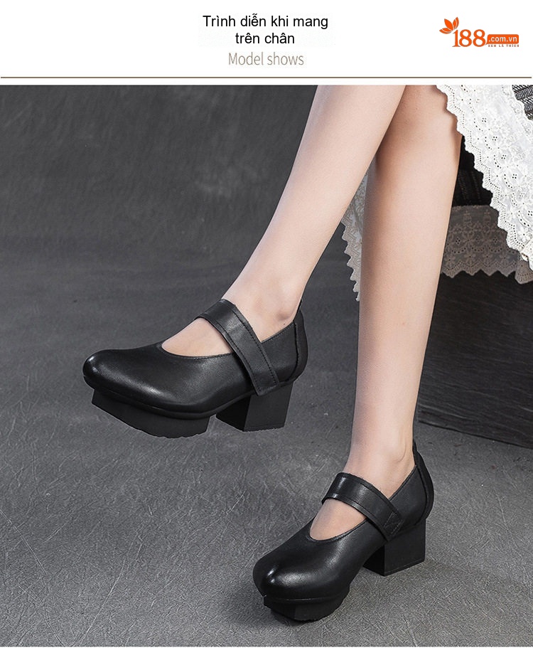 Giày Búp Bê Nữ Quai Dán Đế Vuông Chiều Cao Đế Khoảng 5cm Phong Cách Vintage Màu Nâu, Đen chi tiết 7