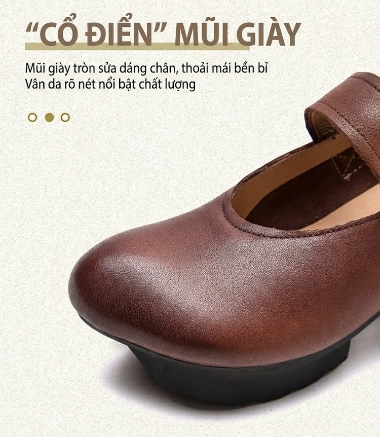 Giày Búp Bê Nữ Quai Dán Đế Vuông Chiều Cao Đế Khoảng 5cm Phong Cách Vintage Màu Nâu, Đen chi tiết 4