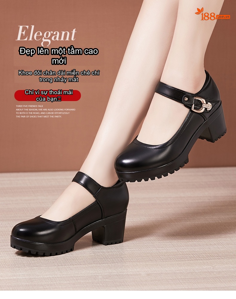 Giày Búp Bê Nữ Quai Ngang Da Bóng Đế Cao Khoảng 6cm Màu Đen, Trắng chi tiết 5