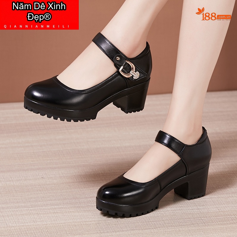 Giày Búp Bê Nữ Quai Ngang Da Bóng Đế Cao Khoảng 6cm Màu Đen, Trắng