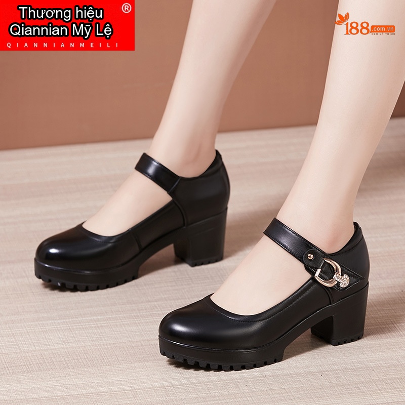 Giày Búp Bê Nữ Quai Ngang Da Bóng Đế Cao Khoảng 6cm Màu Đen, Trắng