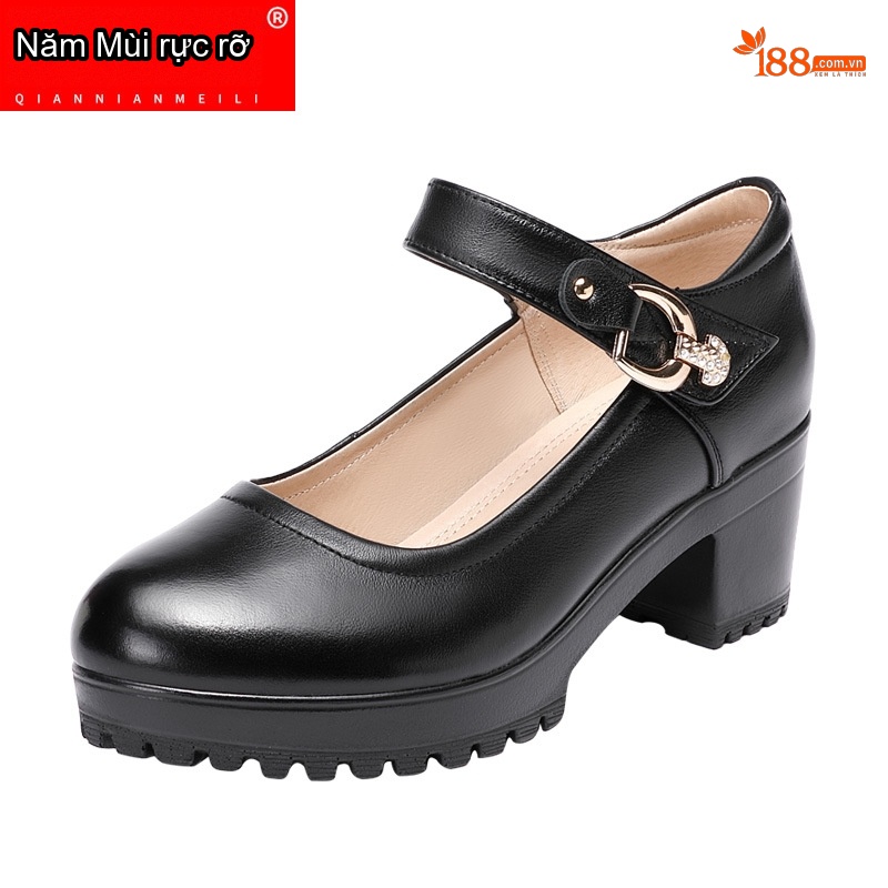 Giày Búp Bê Nữ Quai Ngang Da Bóng Đế Cao Khoảng 6cm Màu Đen, Trắng