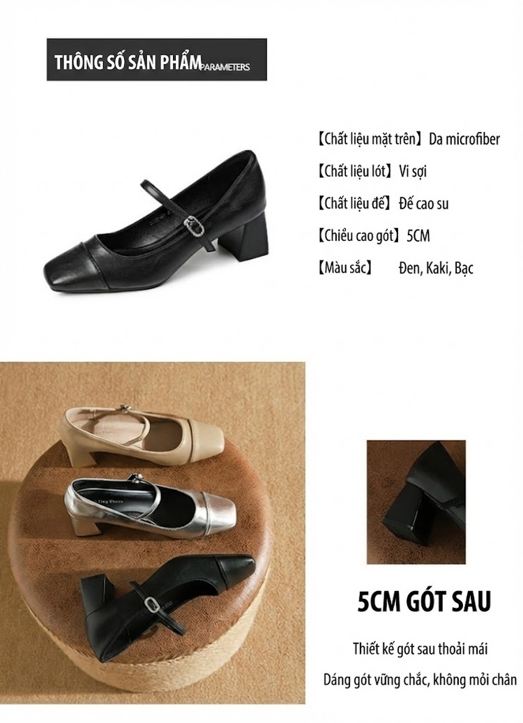 Giày Búp Bê Nữ Quai Ngang Gót Vuông Da Bóng Chiều Cao Đế Khoảng 3.5cm Màu Bạc, Kem, Đen chi tiết 2