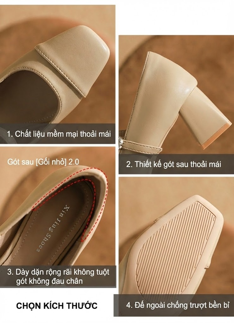 Giày Búp Bê Nữ Quai Ngang Gót Vuông Da Bóng Chiều Cao Đế Khoảng 3.5cm Màu Bạc, Kem, Đen chi tiết 3