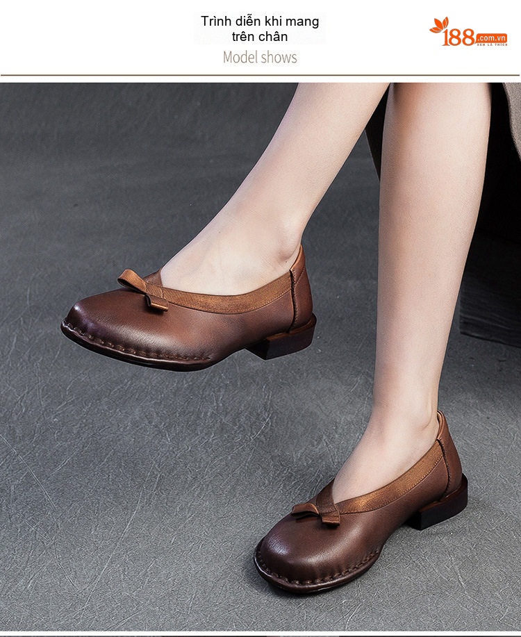 Giày Búp Bê Nữ Quai Thun Trang Trí Nơ Chiều Cao Đế Khoảng 2cm Phong Cách Vintage Màu Đen, Nâu chi tiết 7