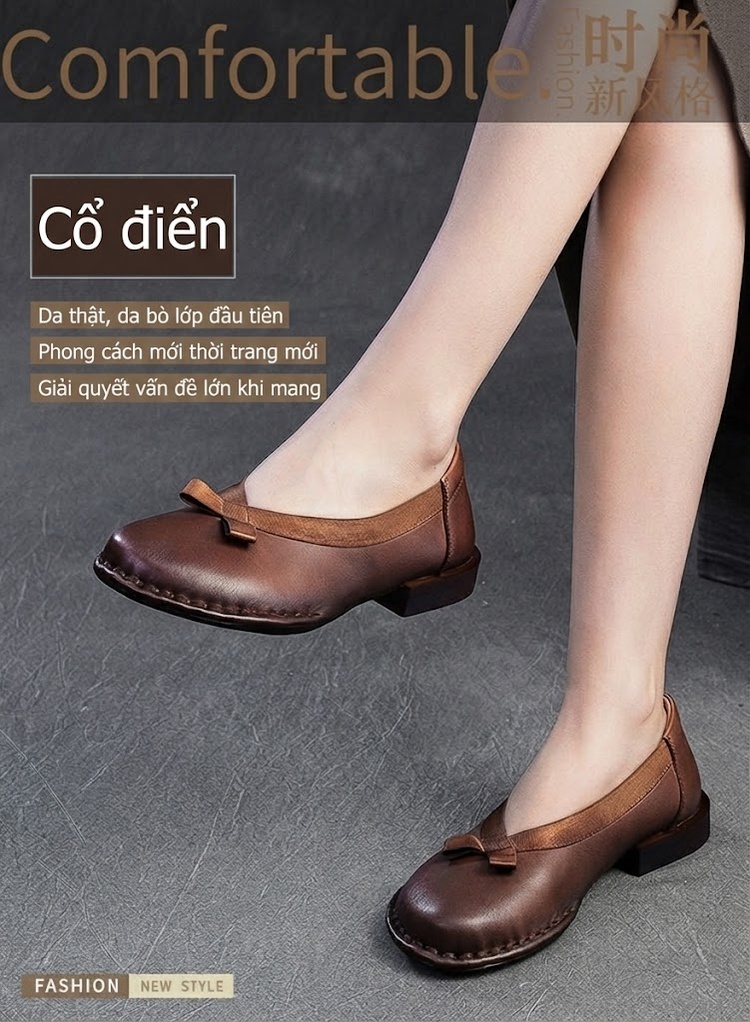 Giày Búp Bê Nữ Quai Thun Trang Trí Nơ Chiều Cao Đế Khoảng 2cm Phong Cách Vintage Màu Đen, Nâu chi tiết 1