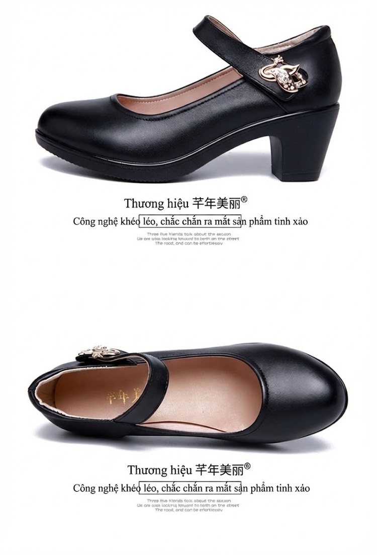 Giày Búp Bê Quai Ngang Nữ Da Bóng Chiều Cao Đế Khoảng 4cm Màu Đen, Trắng chi tiết 12