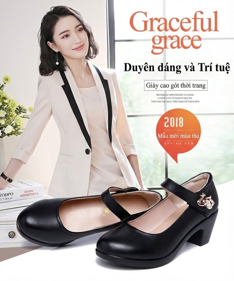 Giày Búp Bê Quai Ngang Nữ Da Bóng Chiều Cao Đế Khoảng 4cm Màu Đen, Trắng chi tiết 1