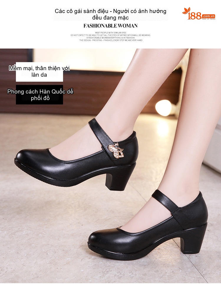 Giày Búp Bê Quai Ngang Nữ Da Bóng Chiều Cao Đế Khoảng 4cm Màu Đen, Trắng chi tiết 3