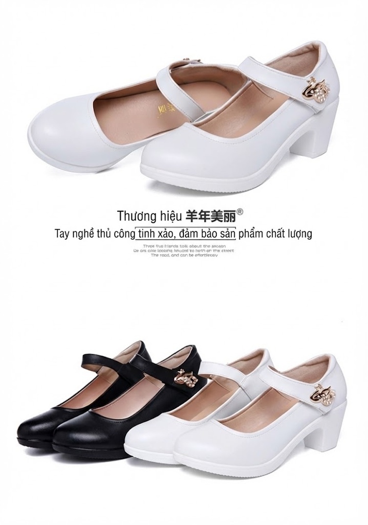 Giày Búp Bê Quai Ngang Nữ Da Bóng Chiều Cao Đế Khoảng 4cm Màu Đen, Trắng chi tiết 14
