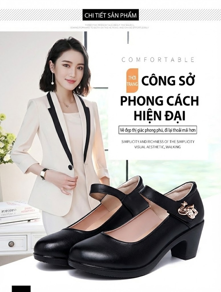 Giày Búp Bê Quai Ngang Nữ Da Bóng Chiều Cao Đế Khoảng 4cm Màu Đen, Trắng chi tiết 5