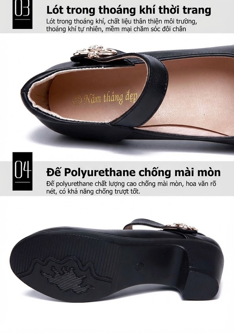 Giày Búp Bê Quai Ngang Nữ Da Bóng Chiều Cao Đế Khoảng 4cm Màu Đen, Trắng chi tiết 7
