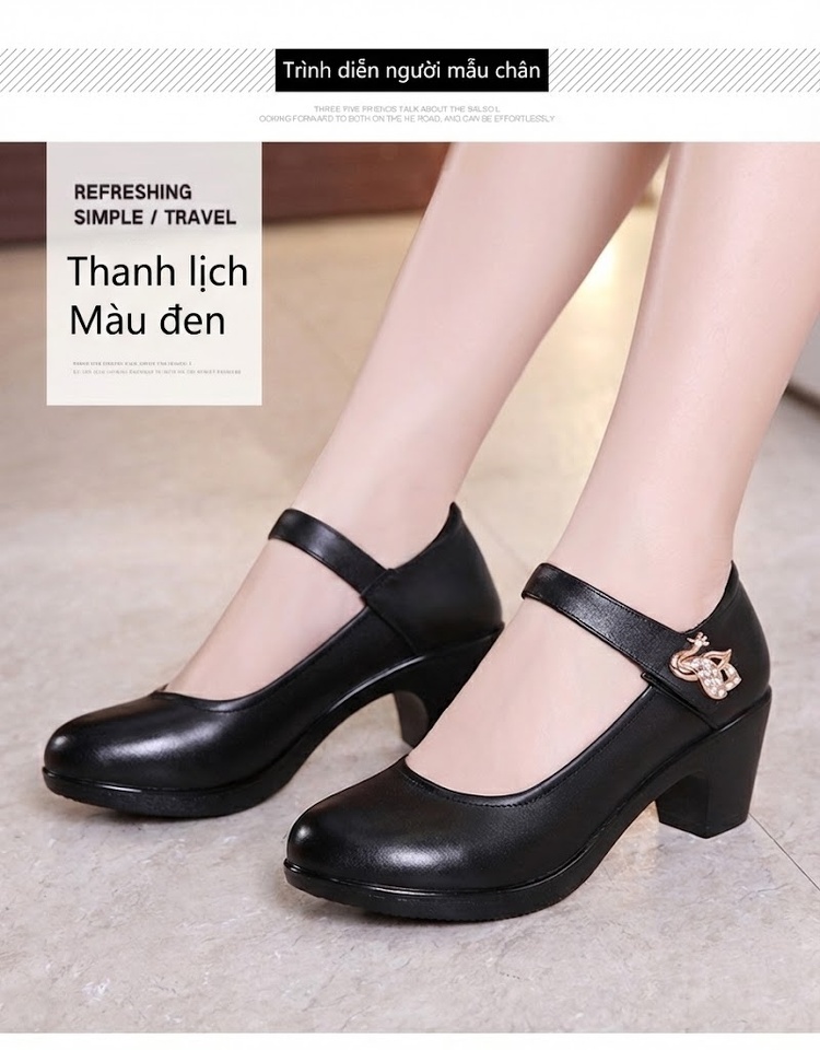 Giày Búp Bê Quai Ngang Nữ Da Bóng Chiều Cao Đế Khoảng 4cm Màu Đen, Trắng chi tiết 8