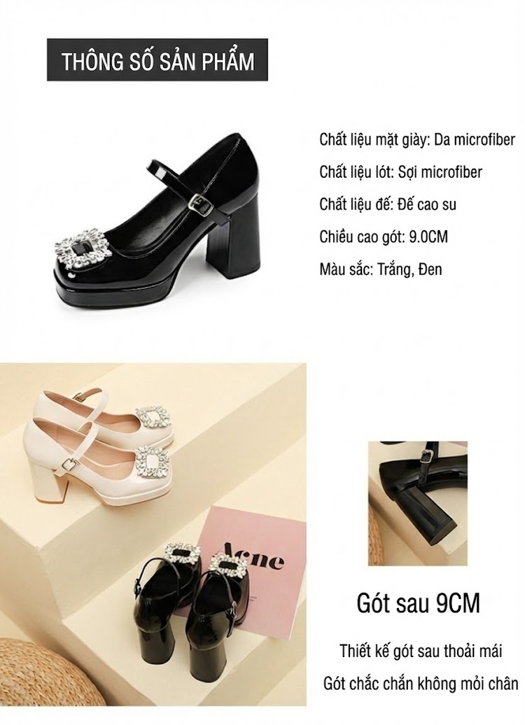 Giày Búp Bê Quai Ngang Nữ Da Bóng Chiều Cao Đế Khoảng 6cm Đính Đá Màu Đen, Kem chi tiết 2