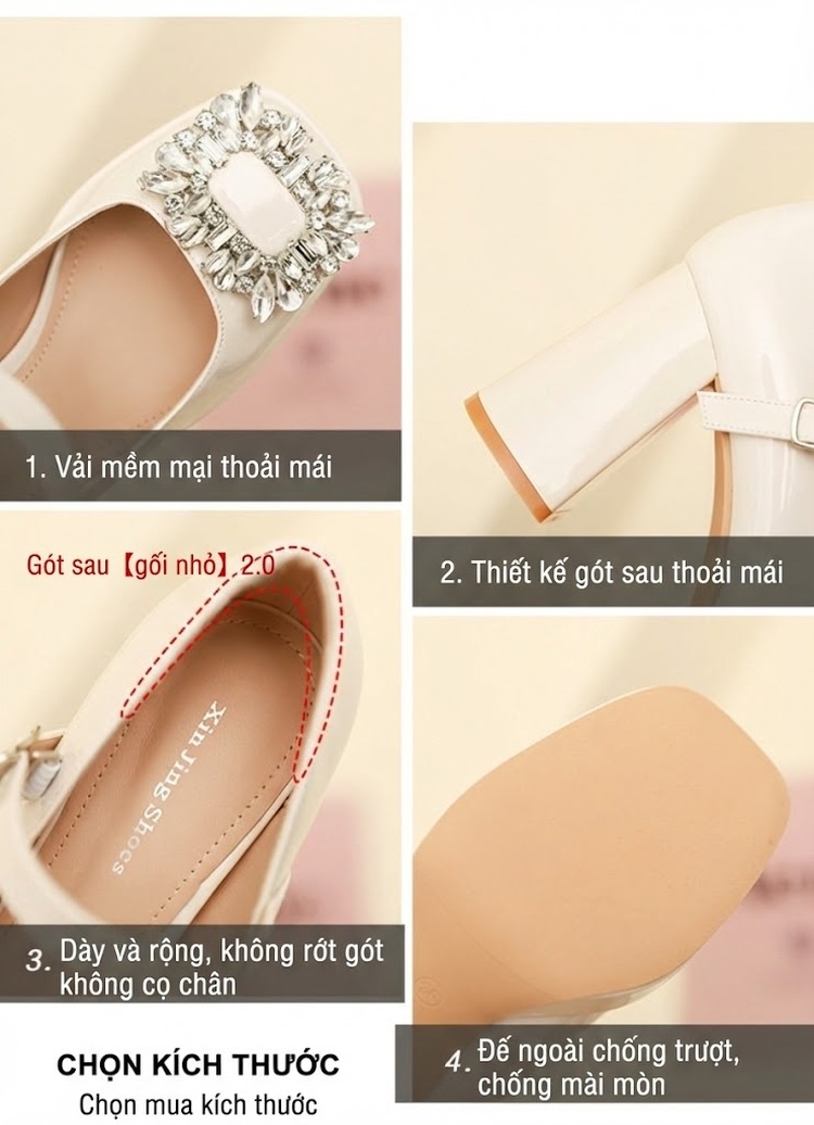 Giày Búp Bê Quai Ngang Nữ Da Bóng Chiều Cao Đế Khoảng 6cm Đính Đá Màu Đen, Kem chi tiết 3