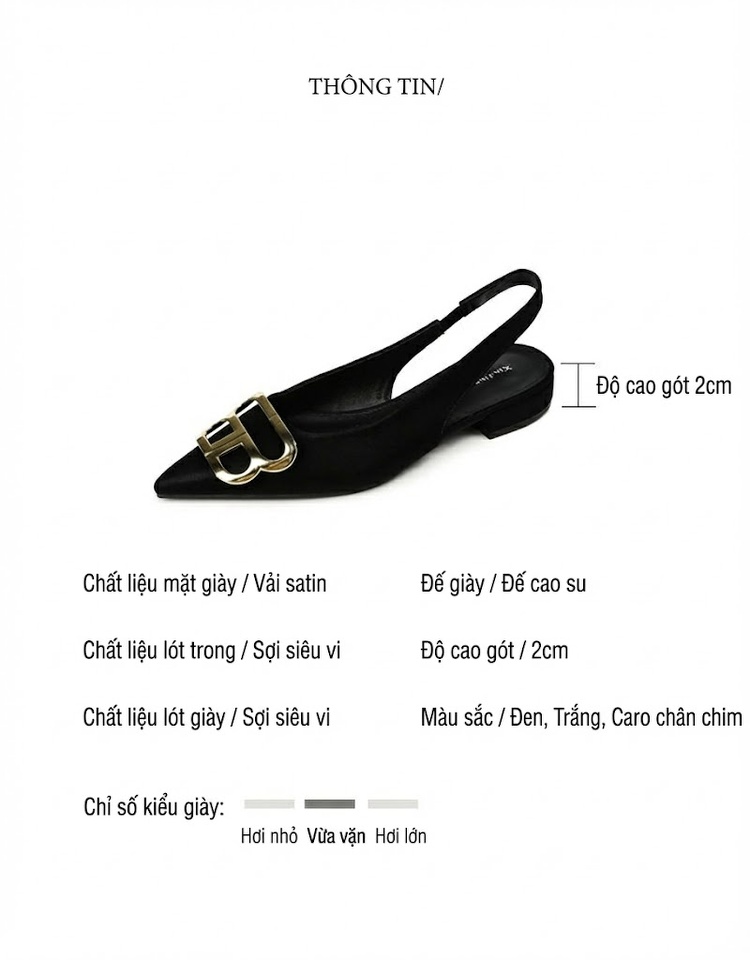 Giày Búp Bê Slingback Nữ Mũi Nhọn Gót Vuông Chiều Cao Đế Khoảng 2cm Họa Tiết Caro, Đen, Trắng chi tiết 2
