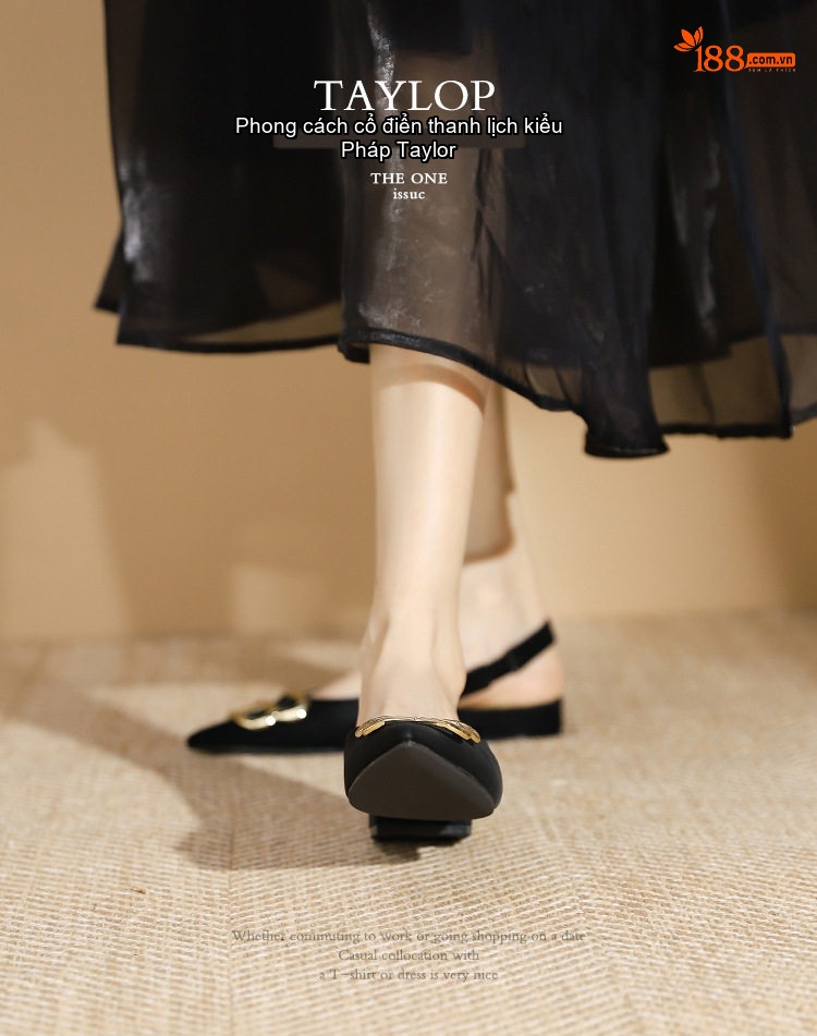 Giày Búp Bê Slingback Nữ Mũi Nhọn Gót Vuông Chiều Cao Đế Khoảng 2cm Họa Tiết Caro, Đen, Trắng chi tiết 3