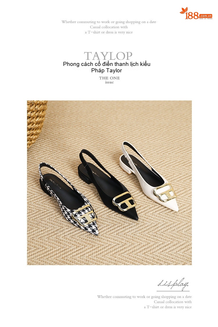 Giày Búp Bê Slingback Nữ Mũi Nhọn Gót Vuông Chiều Cao Đế Khoảng 2cm Họa Tiết Caro, Đen, Trắng chi tiết 26