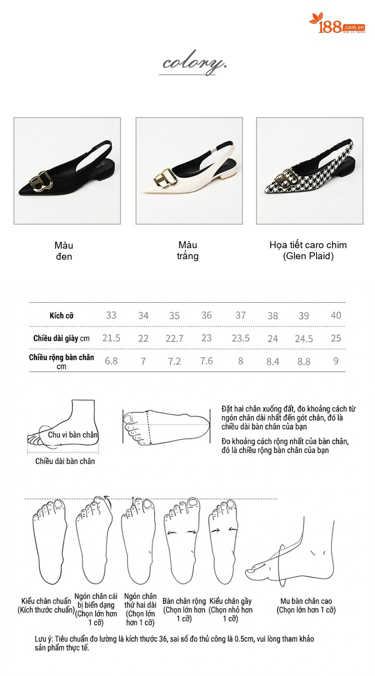 Giày Búp Bê Slingback Nữ Mũi Nhọn Gót Vuông Chiều Cao Đế Khoảng 2cm Họa Tiết Caro, Đen, Trắng chi tiết 4