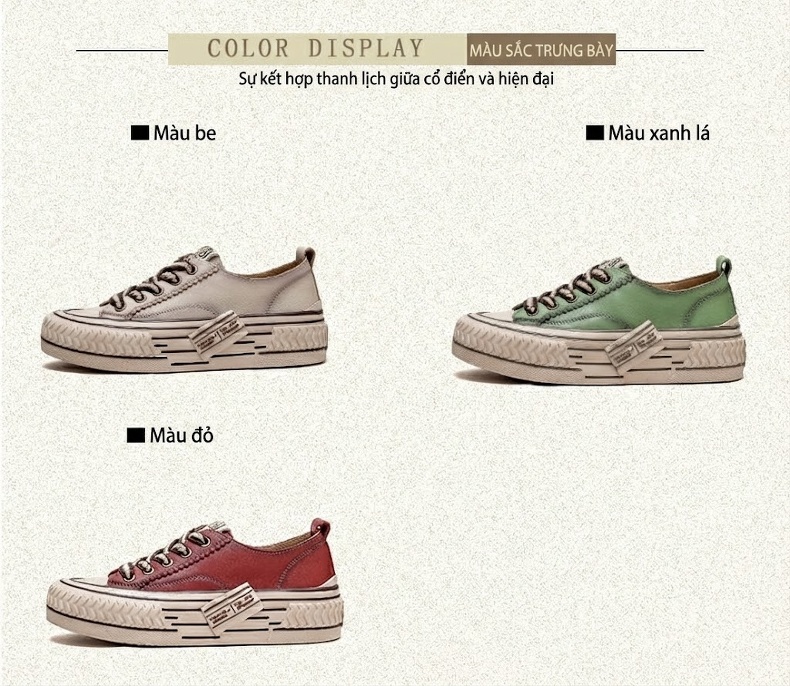 Giày Canvas Nữ Cột Dây Đế Dày Phong Cách Retro Chiều Cao Đế Khoảng 3cm Màu Be, Đỏ, Xanh Lá chi tiết 2